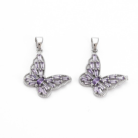 Brass Lilac Cubic Zirconia Pendants, Nickel Free, Butterfly