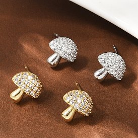 Серьги-гвоздики из латуни с микропаве из прозрачных кубических цирконий в форме гриба, стойки покрытие, долговечный, без свинца и без кадмия