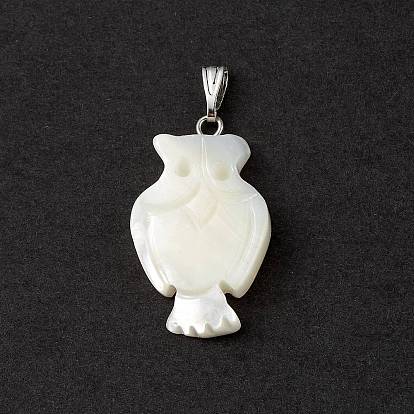 Natural Trochid Shell/Trochus Shell Pendants, Owl Charms, with Platinum Tone Iron Snap on Bails