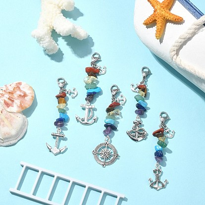 Anchor Tibetan Style Alloy Pendant Decorations, Chakra Gemstone Chips and Lobster Claw Clasps Charm