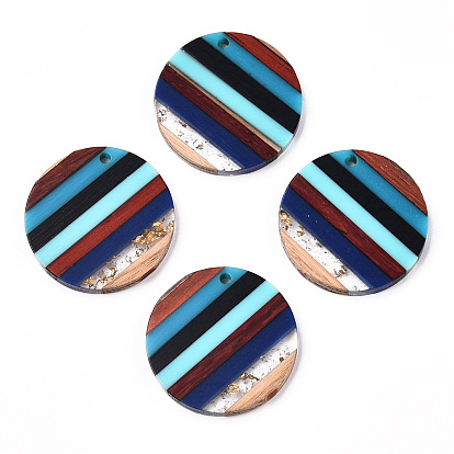 Resin & Walnut Wood Pendants, with Gold Foil, Flat Round Charms