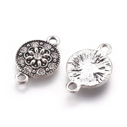 Tibetan Style Alloy Links Connectors, with Rhinestone, Flat Round with Flower, Crystal