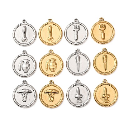 304 Stainless Steel Pendants, Flat Round with Tool Charms