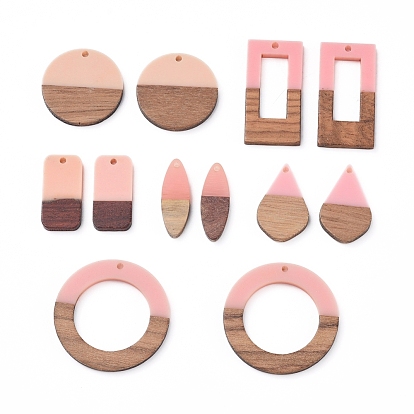 Resin & Walnut Wood Pendants, Flat Round, Ring, Rectangle, Horse Eye, Teardrop