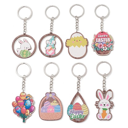 8Pcs 8 Styles Easter Wooden Keychains, with Iron Split Key Rings, Mixed Shapes