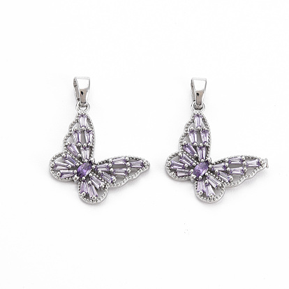 Brass Lilac Cubic Zirconia Pendants, Nickel Free, Butterfly