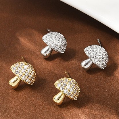 Серьги-гвоздики из латуни с микропаве из прозрачных кубических цирконий в форме гриба, стойки покрытие, долговечный, без свинца и без кадмия