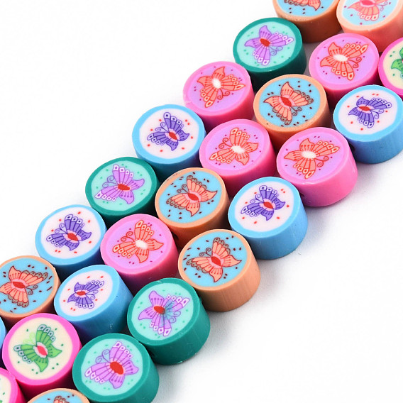 Handmade Polymer Clay Beads Strands, Flat Round with Butterfly