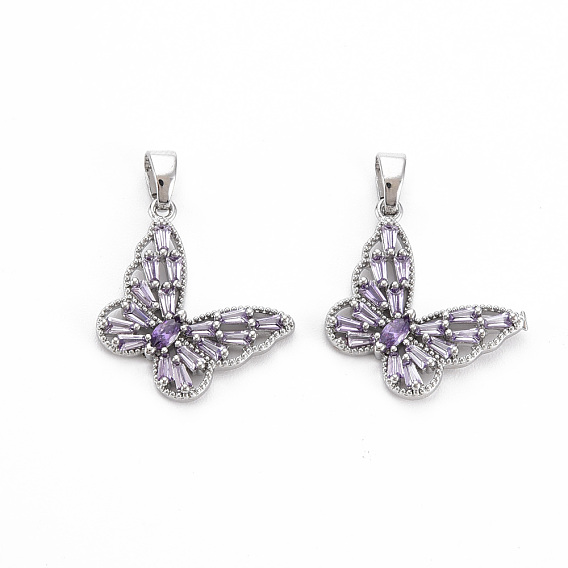 Brass Lilac Cubic Zirconia Pendants, Nickel Free, Butterfly