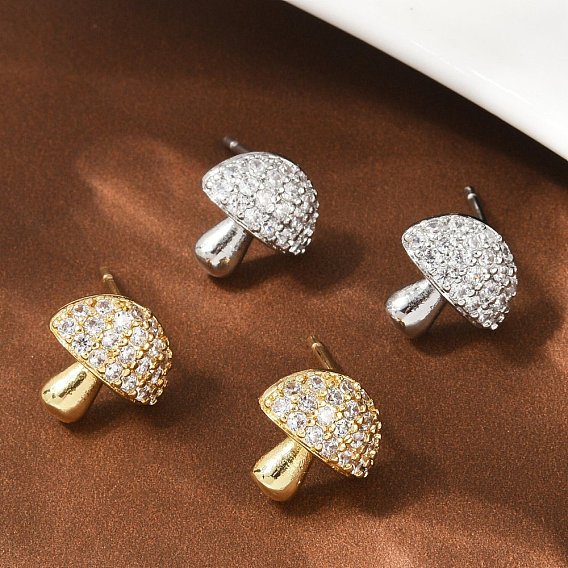 Серьги-гвоздики из латуни с микропаве из прозрачных кубических цирконий в форме гриба, стойки покрытие, долговечный, без свинца и без кадмия