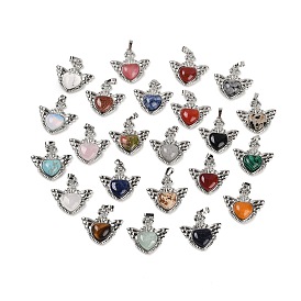 Gemstone Pendants, with Rack Plating Brass Findings, Platinum, Cadmium Free & Lead Free, Heart