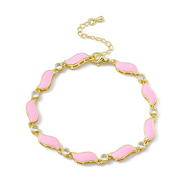 Brass Micro Pave Cubic Zirconia Chain Bracelets, Enamel Style Pink Wave Link Chain Bracelet for Women, with Chain Extender & Lobster Claw Clasp