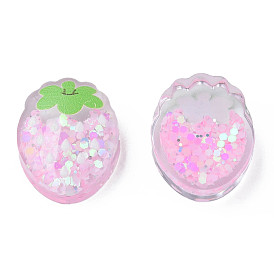 Printed Transparent Epoxy Resin Cabochons, with Paillettes, Strawberry