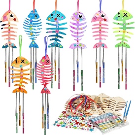 DIY Fishbone Unfinished Wood Wind Chime Making Kits, including Sticker, Silver Color Thread, Pencil Brushes, Color Rope and Iron Tubes