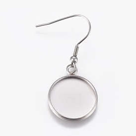 201 Stainless Steel Dangle Earrings, 316 Surgical Stainless Steel Earring Hooks, Cabochon Settings, Flat Round