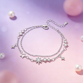 Pulseras de latón con circonitas cúbicas transparentes en forma de estrella y borla, para mujer