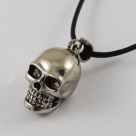 Zinc Alloy Skull Necklaces for Halloween, with Zinc Alloy Pendants, Zinc Alloy Lobster Claw Clasps, Iron Chains and Waxed Cord, 17.1 inch