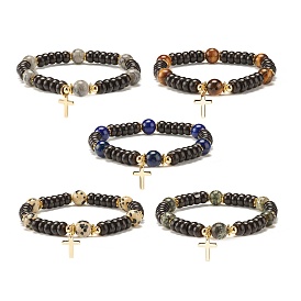 Coconut Wood Disc Beads Stretch Bracelet, Mixed Stone Beads Bracelet, Tiny Cross Charm Bracelet for Women, Golden