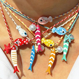 Collares con colgante de pez y estrella de mar de porcelana y resina para playa de verano, con cordón de algodón y perlas de imitación.