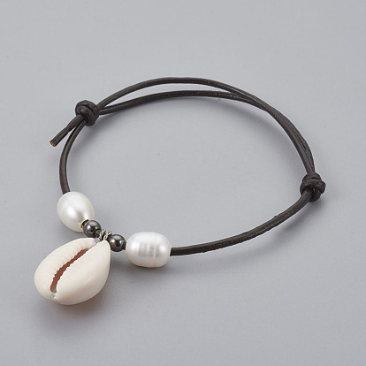 Adjustable Cowhide Leather Cord Bracelets, with Natural Freshwater Pearl Beads and Cowrie Shell Beads