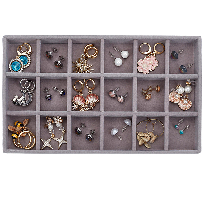 1Pc 18 Grids Wood Covered with Velveteen Jewelry Display Trays, for Earrings Rings Bracelets Necklaces, Rectangle