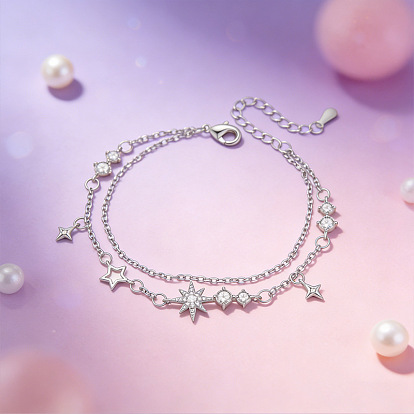 Pulseras de latón con circonitas cúbicas transparentes en forma de estrella y borla, para mujer