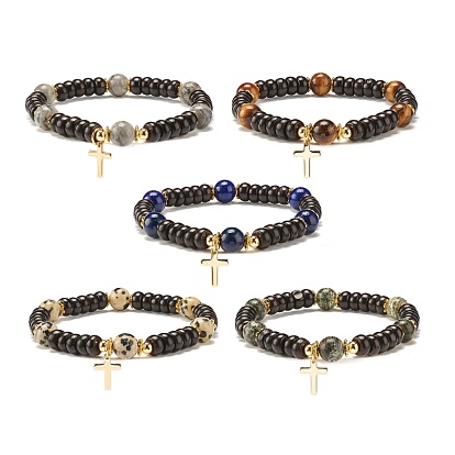 Coconut Wood Disc Beads Stretch Bracelet, Mixed Stone Beads Bracelet, Tiny Cross Charm Bracelet for Women, Golden