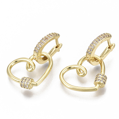 Brass Micro Pave Clear Cubic Zirconia Dangle Hoop Earrings, Nickel Free, Heart