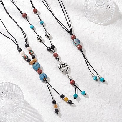 Ретро стекло и фарфор и сплав регулируемый нейлоновый шнур y ожерелья для женщин, античное серебро, красочный