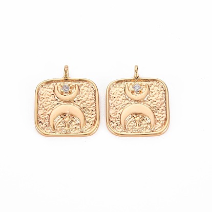 Brass Micro Pave Clear Cubic Zirconia Pendants, Nickel Free, Square with Moon