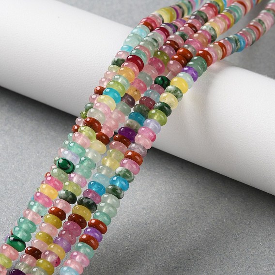 Нити бусин из натурального окрашенного белого нефрита, натуральной красной яшмы и синтетического малахита, рондель