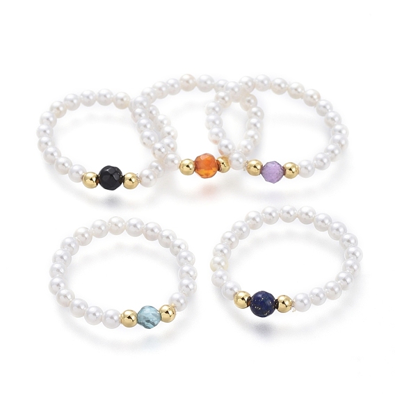 Natural Gemstone Stretch Rings, with Round Shell Pearl Beads and Brass Beads, Golden