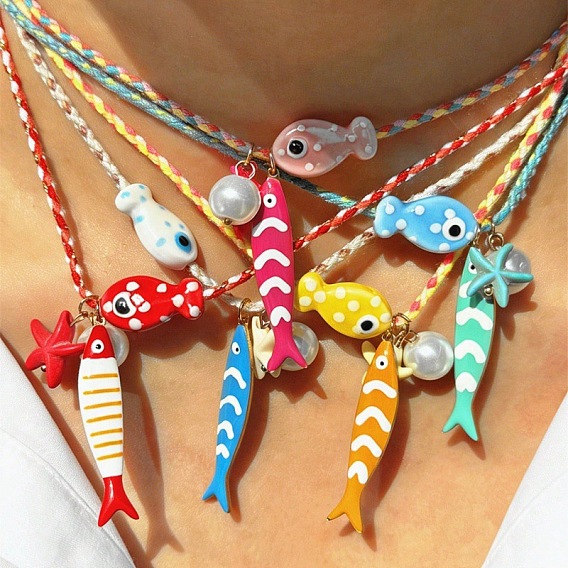 Summer Beach Porcelain & Resin Fish Starfish Pendant Cotton Cord Necklaces with Imitation Pearl