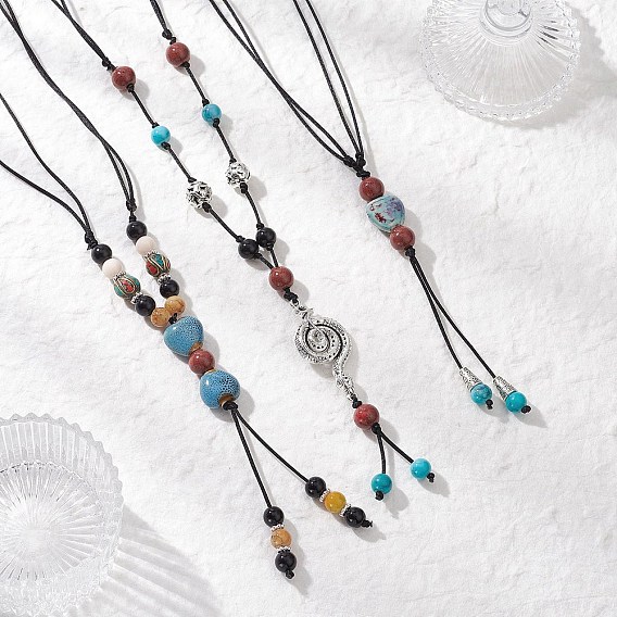 Ретро стекло и фарфор и сплав регулируемый нейлоновый шнур y ожерелья для женщин, античное серебро, красочный