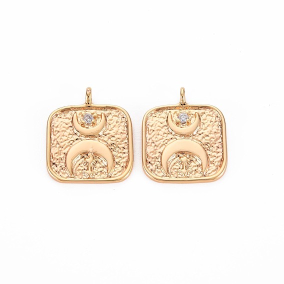 Brass Micro Pave Clear Cubic Zirconia Pendants, Nickel Free, Square with Moon