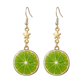 Alloy Enamel Dangle Earrings, with 304 Stainless Steel Earring Findings, Lime Slice, Golden