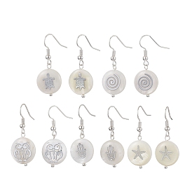 Natural Freshwater Shell Dangle Earring, with Iron Earring Hooks Finding, Flat Round