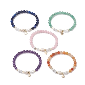 6mm Round Gemstone & Pearl Beaded Stretch Bracelets, Star 304 Stainless Steel Charms Bracelets for Women