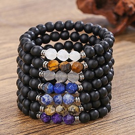 Богемные браслеты из натурального черного оникса и бусин с драгоценными камнями, эластичные