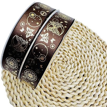 Golden Hot Stamping Butterfly Star Pattern Polyester Ribbons, for DIY Handmade Craft, Hair Bowknots and Gift Decoration