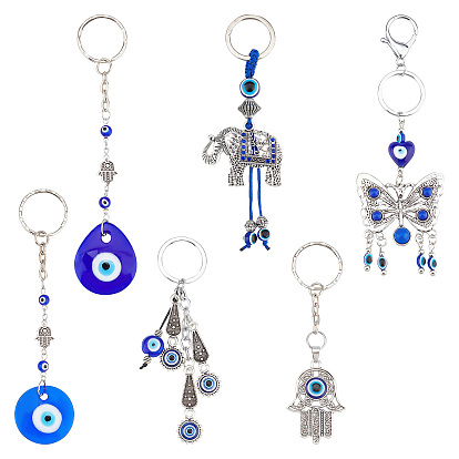 6Pcs 6 Style Handmade Lampwork & Enamel Evil Eye Keychain, with Alloy, Iron & 304 Stainless Steel Key Clasp Findings