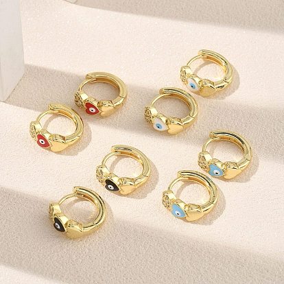Женские серьги-кольца из латуни с микропаве и прозрачным кубическим цирконием, злой глаз сердце, с эмалью, стойки покрытие, долговечный, без кадмия и без свинца, реальный 18 k позолоченный