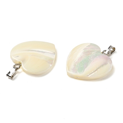 Natural Trochus Shell Pendants, Heart Charms with Platinum Plated Iron Snap on Bails