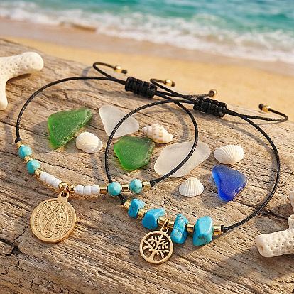 2 шт. 2 стили 304 браслеты с подвесками из нержавеющей стали и латуни, Регулируемые браслеты из синтетической бирюзы и стеклянного бисера, плетеные, унисекс., Святой Бенедикт и Древо Жизни