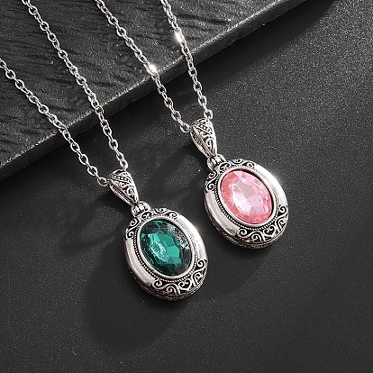 Alloy Acrylic Oval Photo Locket Pendant Necklaces for Women, Antique Silver
