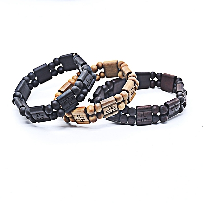Wood Beads Stretch Bracelets for Women Men, Cross Pattern Beaded Bracelets