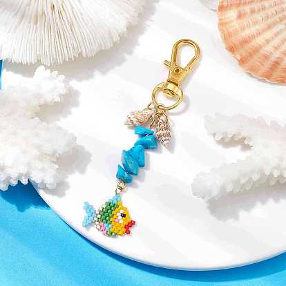 Décorations pendentif miyuki delica, avec des perles synthétiques turquoise et des breloques en coquillage naturel, poisson