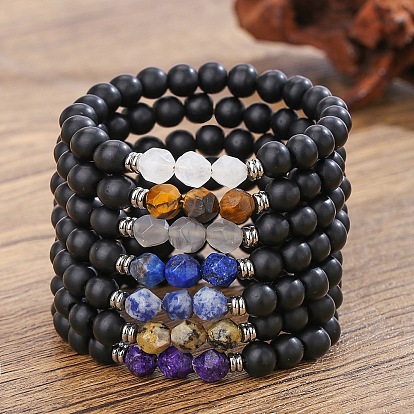 Богемные браслеты из натурального черного оникса и бусин с драгоценными камнями, эластичные