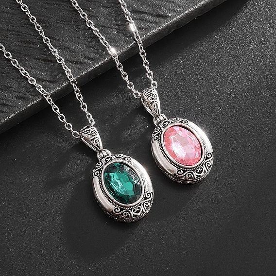 Alloy Acrylic Oval Photo Locket Pendant Necklaces for Women, Antique Silver