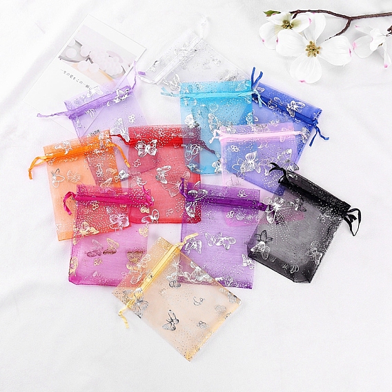 Silver Stamping Butterfly Organza Drawstring Bags, Gift Pouches for Wedding Party Package, Rectangle